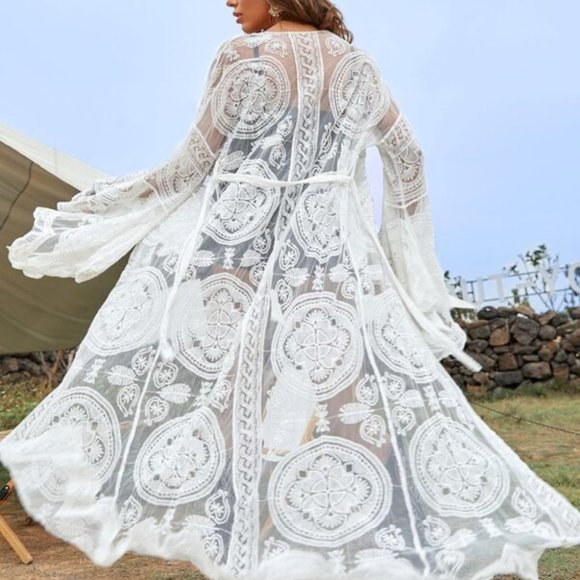undefined Tops - Boho Sheer Mesh Flounce Sleeve Belted Kimono